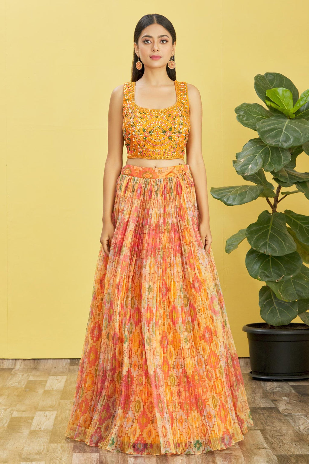 Jyoti Fashion Women's Yellow Organza Real Mirror with Sequins Thread Embroidered Lehenga Choli & Dupatta