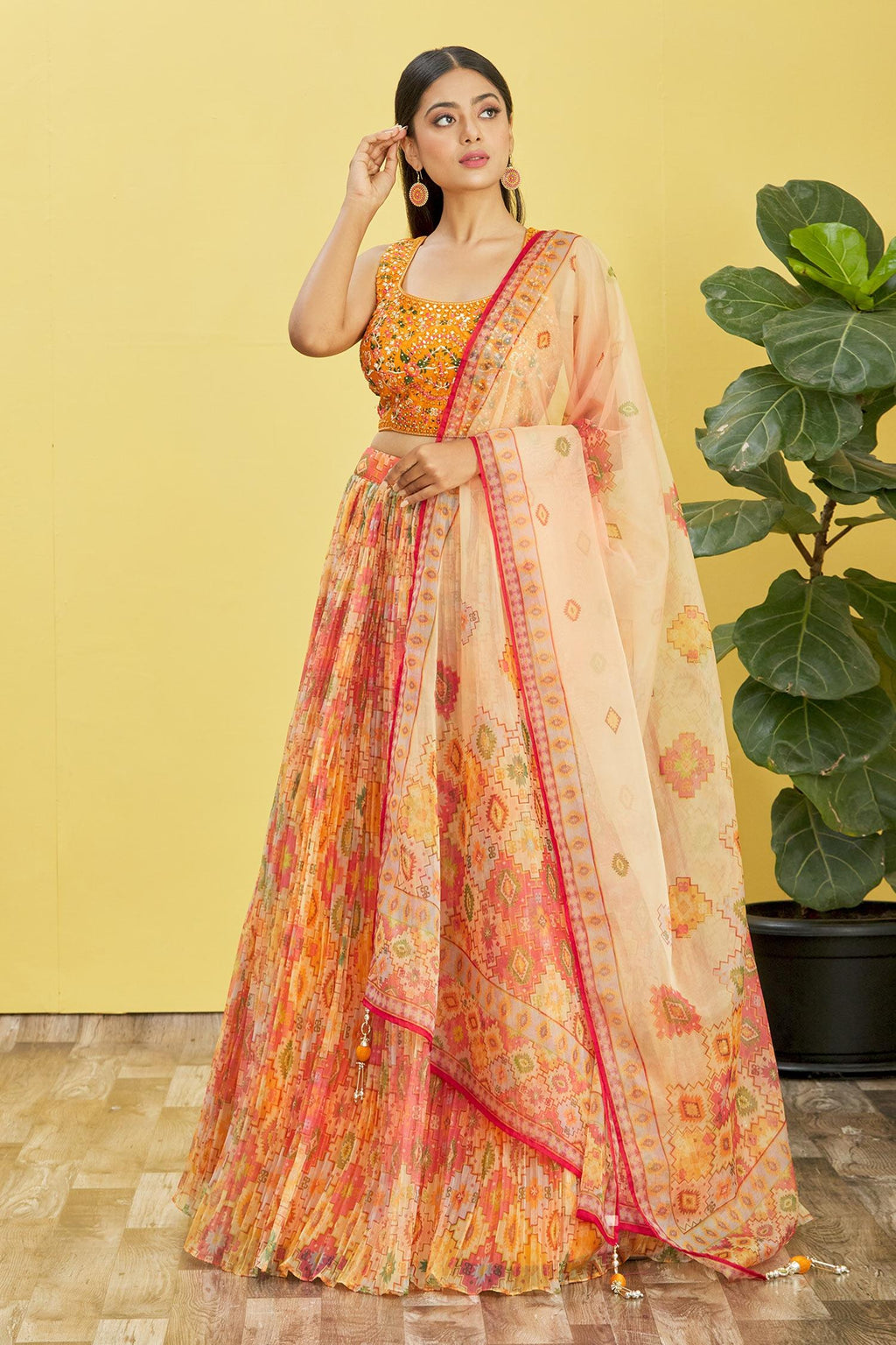 Jyoti Fashion Women's Yellow Organza Real Mirror with Sequins Thread Embroidered Lehenga Choli & Dupatta