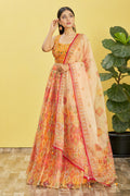 Jyoti Fashion Women's Yellow Organza Real Mirror with Sequins Thread Embroidered Lehenga Choli & Dupatta