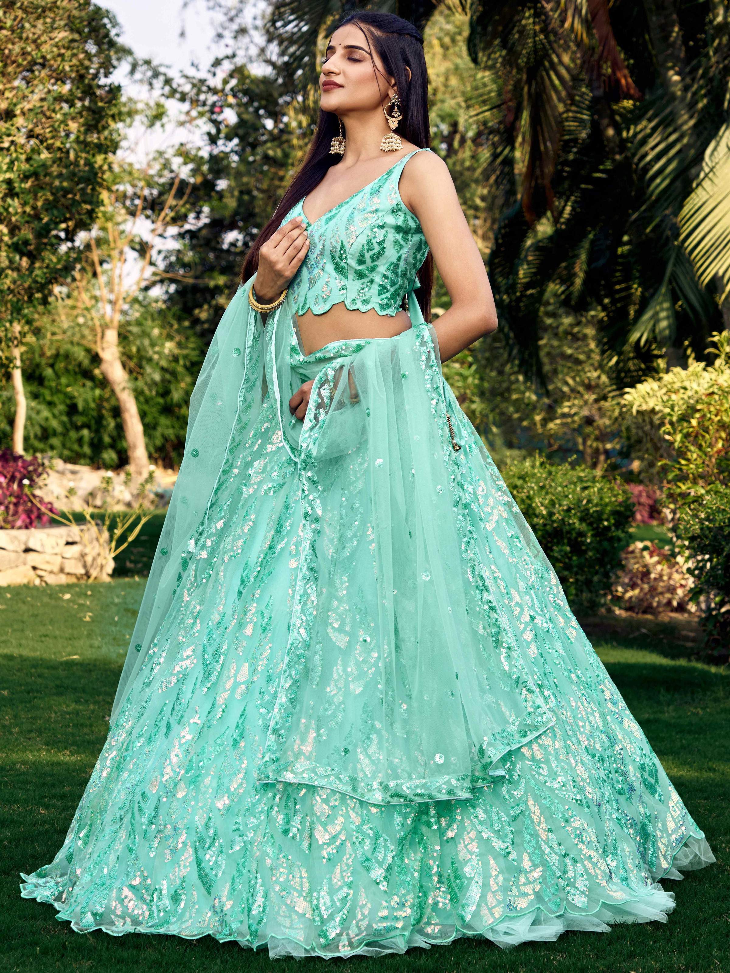 Jyoti Fashion Women's Blue Soft Net Multi Sequins Thread Embroidered Lehenga Choli & Dupatta