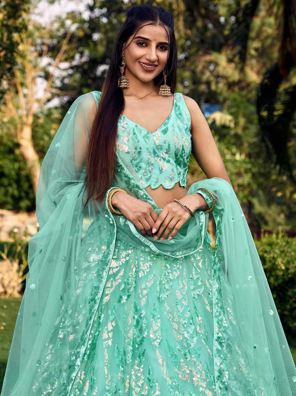 Jyoti Fashion Women's Blue Soft Net Multi Sequins Thread Embroidered Lehenga Choli & Dupatta