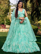 Jyoti Fashion Women's Blue Soft Net Multi Sequins Thread Embroidered Lehenga Choli & Dupatta