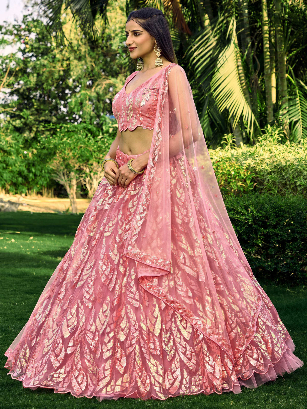 Jyoti Fashion Women's Pink Soft Net Multi Sequins Thread Embroidered Lehenga Choli & Dupatta