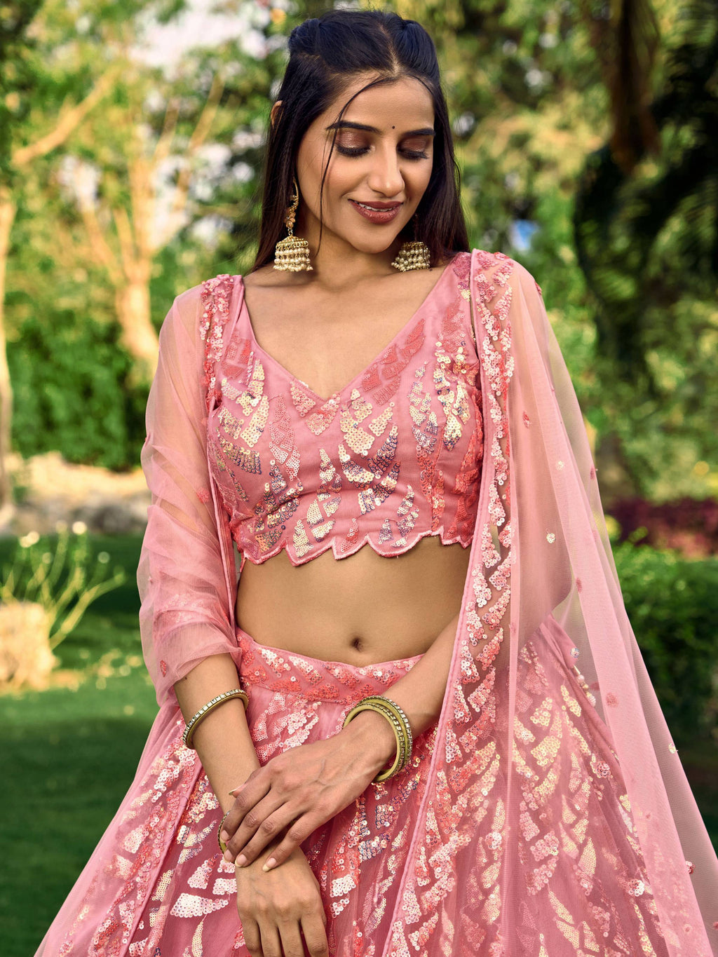 Jyoti Fashion Women's Pink Soft Net Multi Sequins Thread Embroidered Lehenga Choli & Dupatta