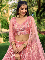 Jyoti Fashion Women's Pink Soft Net Multi Sequins Thread Embroidered Lehenga Choli & Dupatta