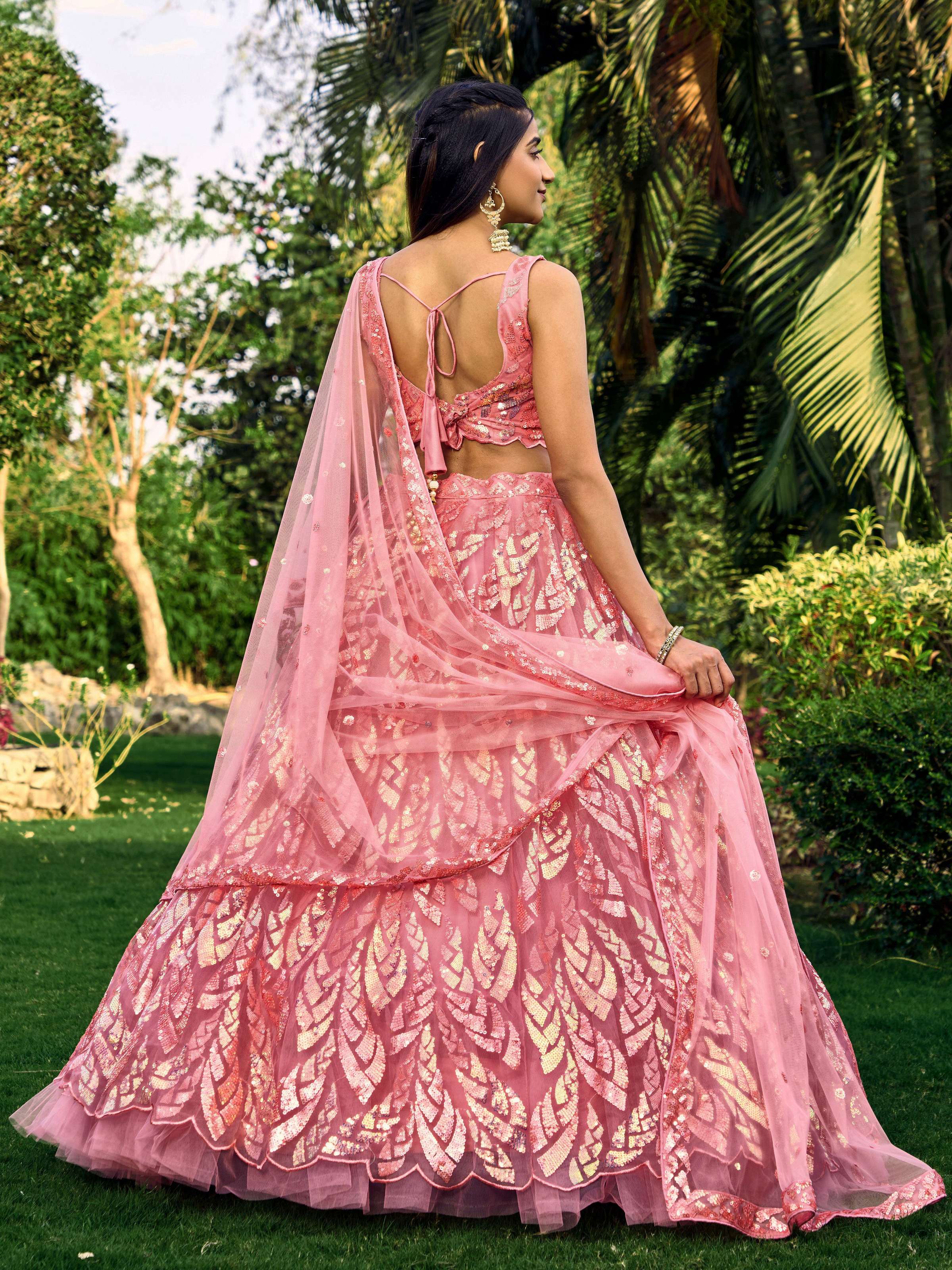 Jyoti Fashion Women's Pink Soft Net Multi Sequins Thread Embroidered Lehenga Choli & Dupatta