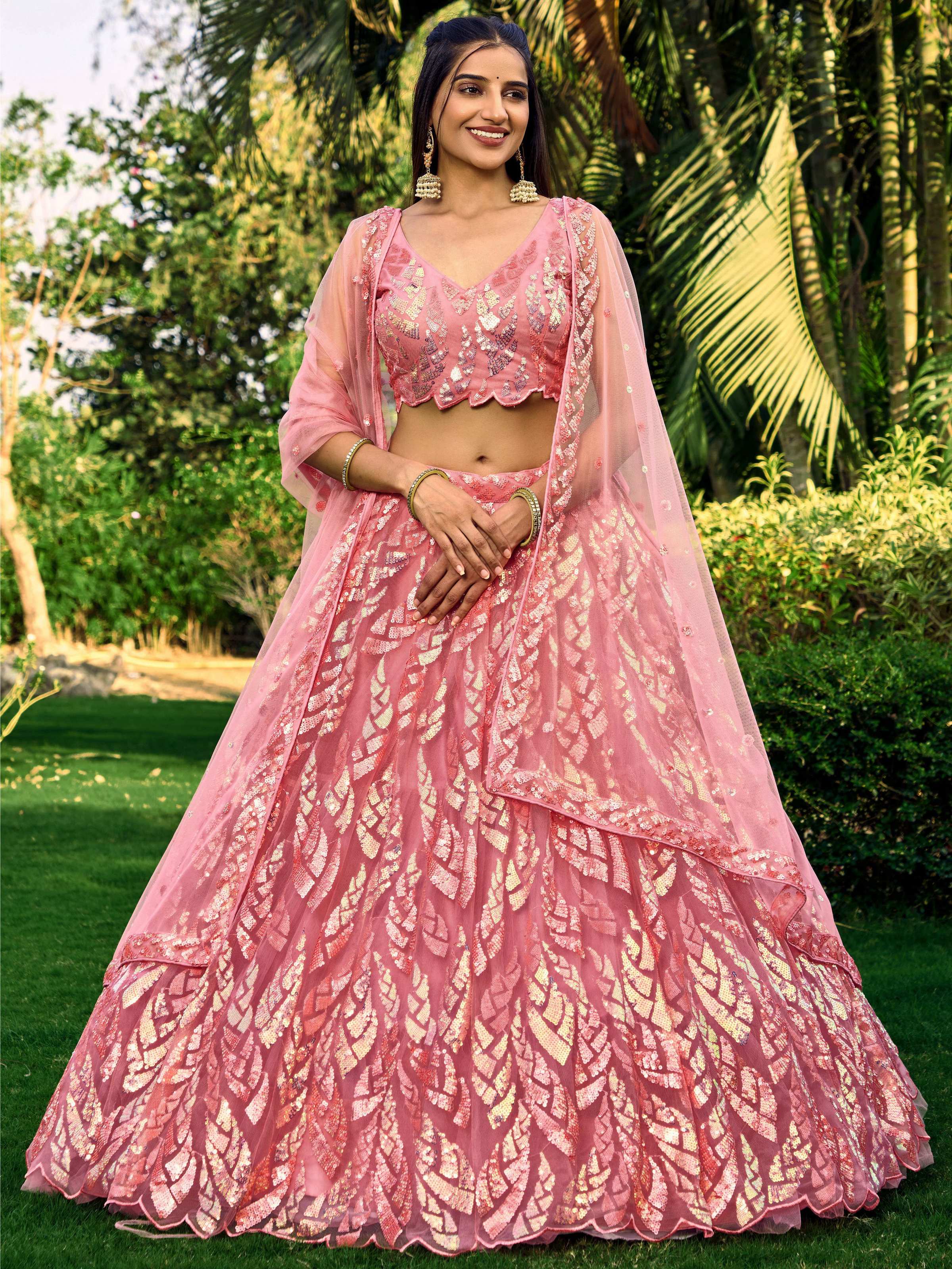 Jyoti Fashion Women's Pink Soft Net Multi Sequins Thread Embroidered Lehenga Choli & Dupatta