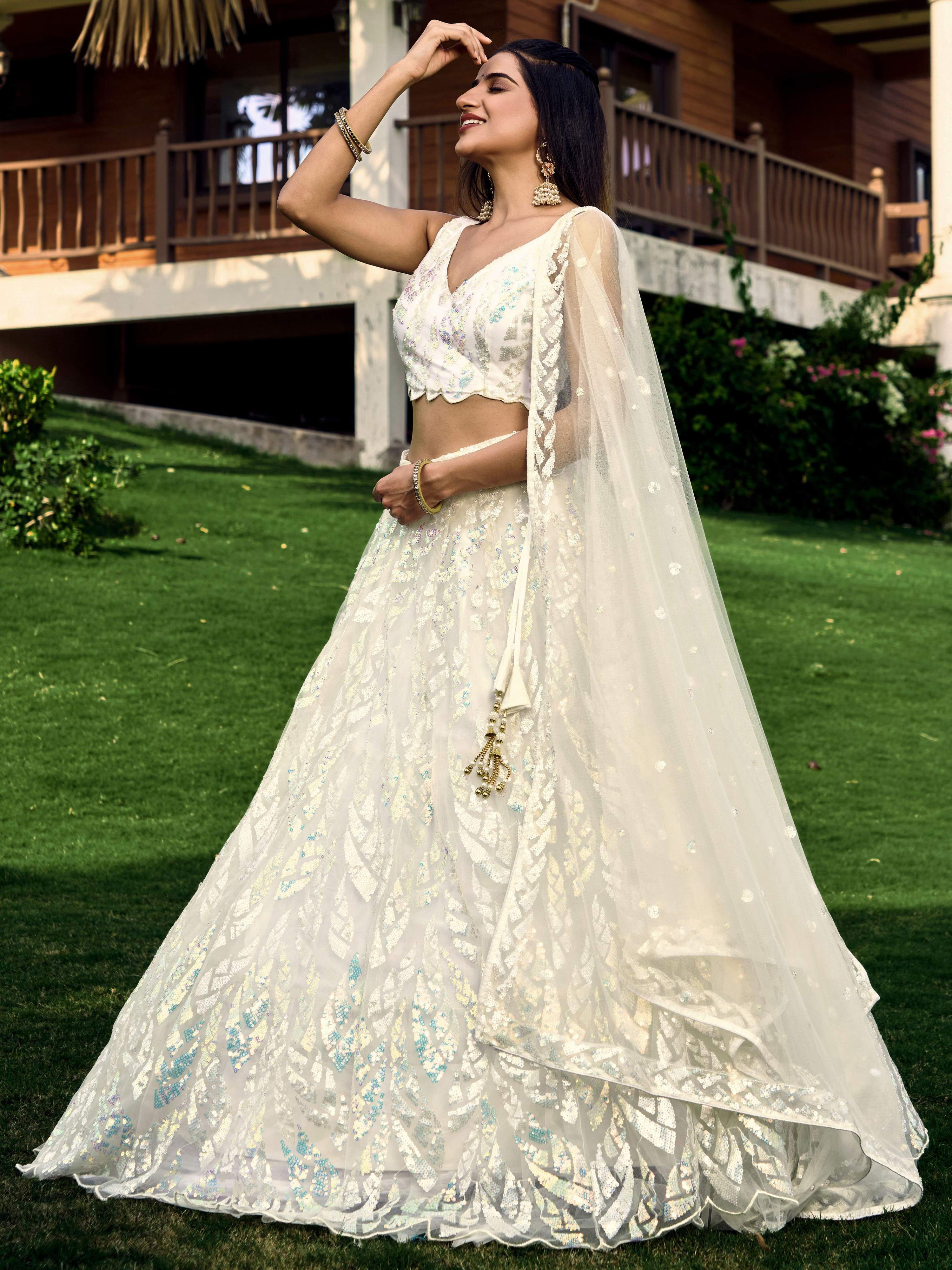 Jyoti Fashion Women's White Soft Net Multi Sequins Thread Embroidered Lehenga Choli & Dupatta