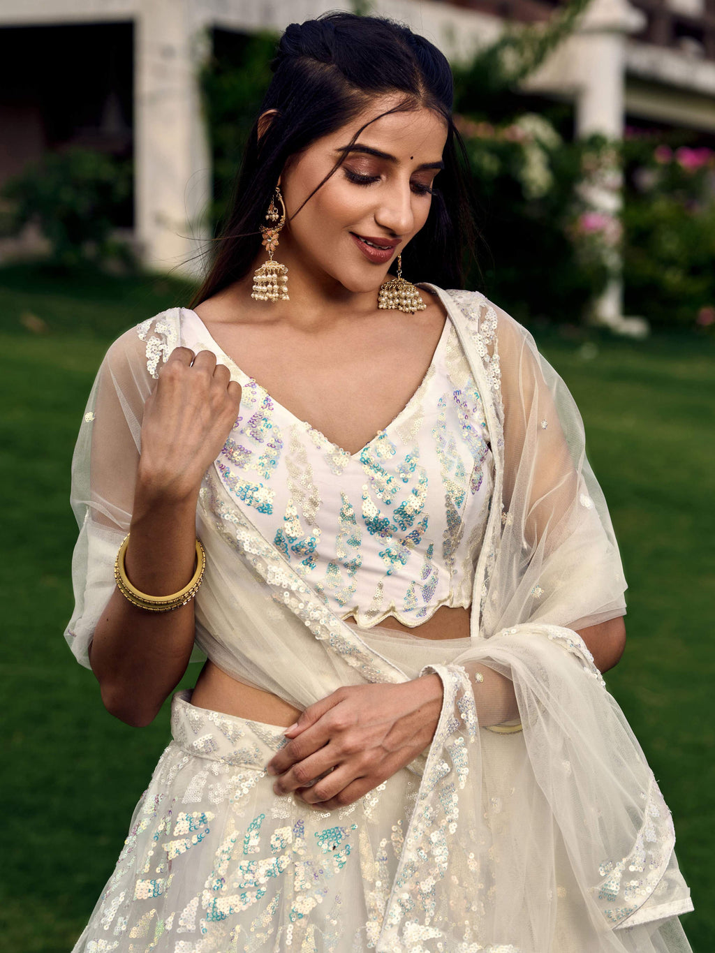 Jyoti Fashion Women's White Soft Net Multi Sequins Thread Embroidered Lehenga Choli & Dupatta