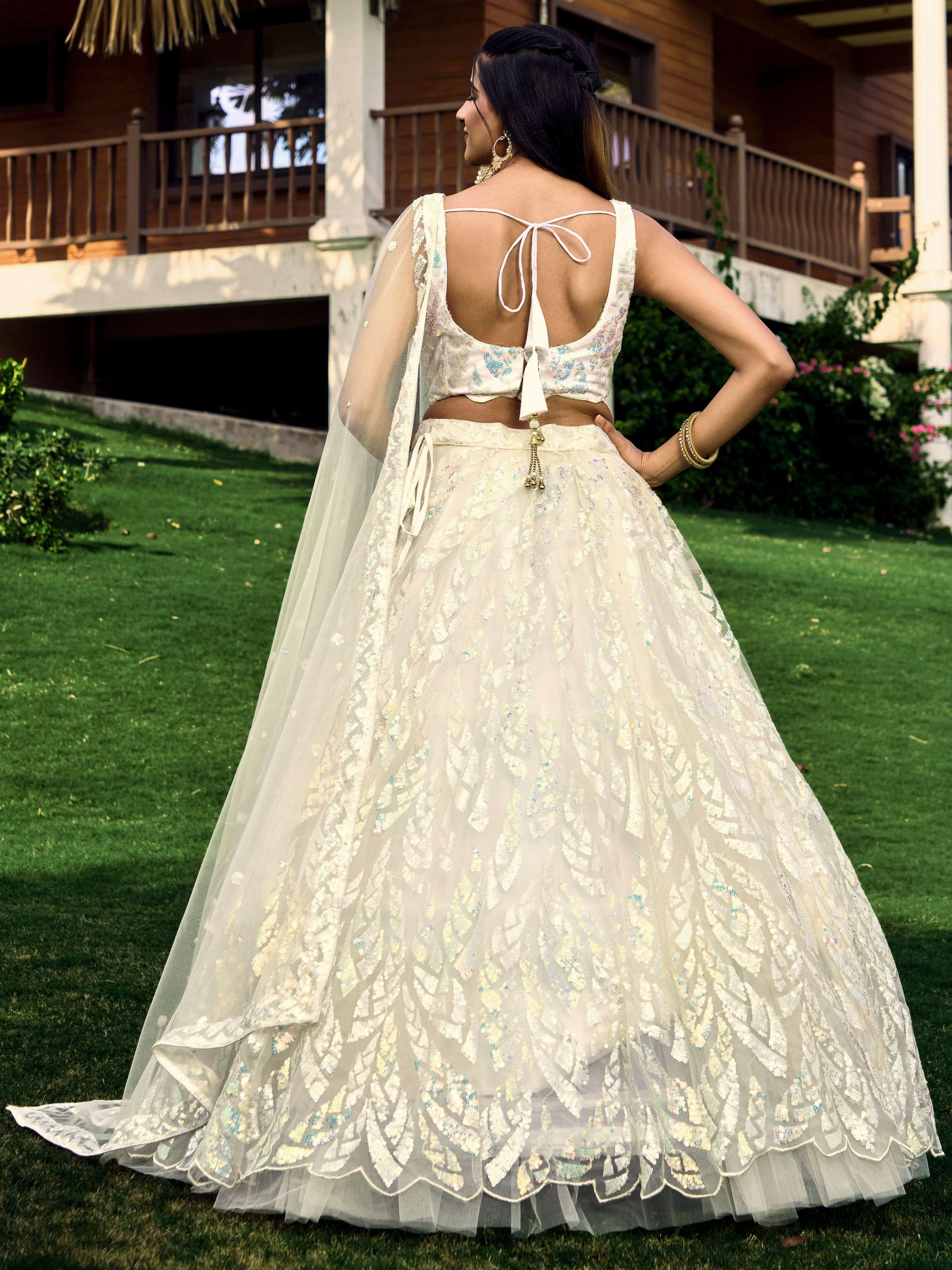 Jyoti Fashion Women's White Soft Net Multi Sequins Thread Embroidered Lehenga Choli & Dupatta