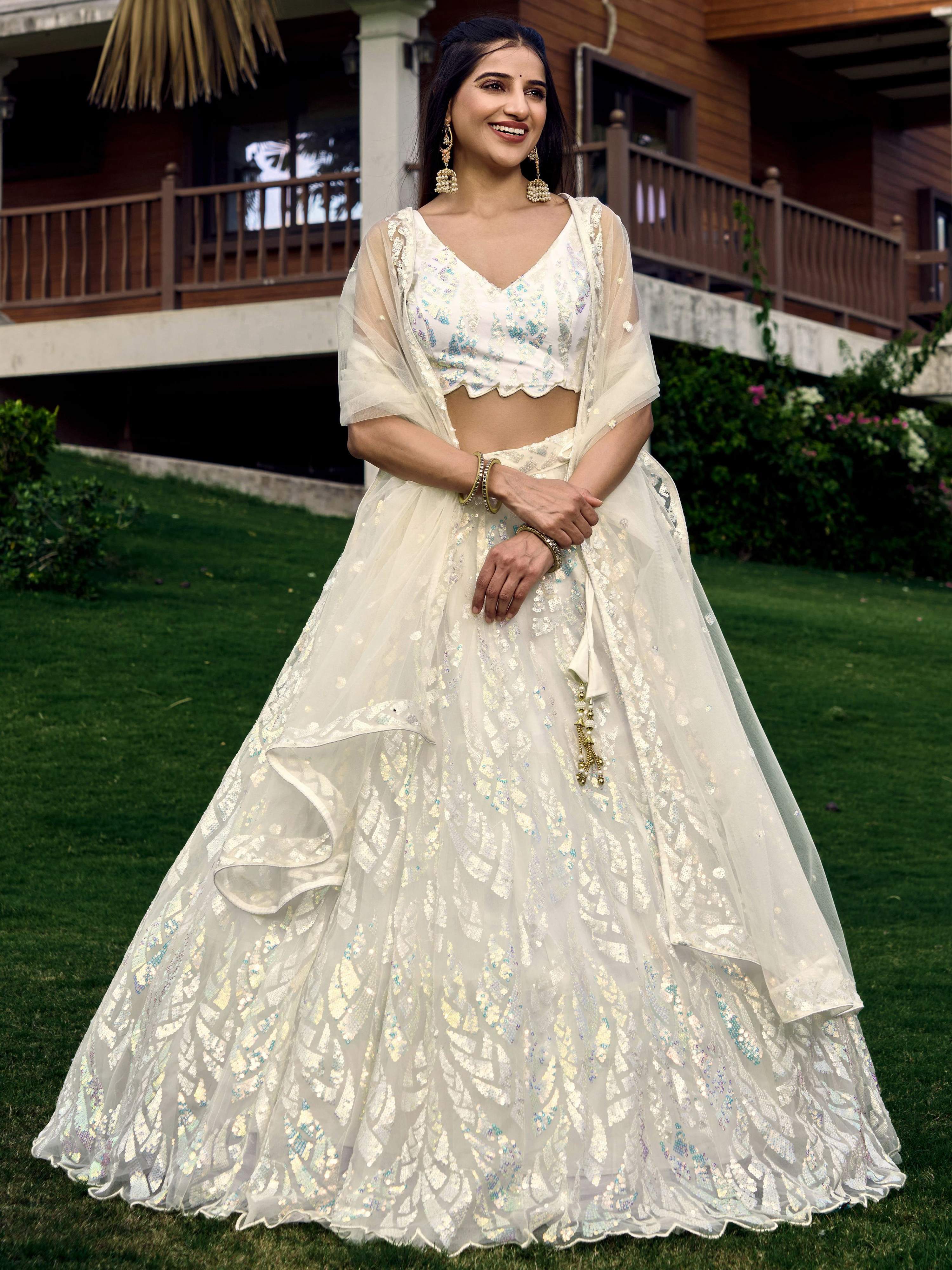 Jyoti Fashion Women's White Soft Net Multi Sequins Thread Embroidered Lehenga Choli & Dupatta