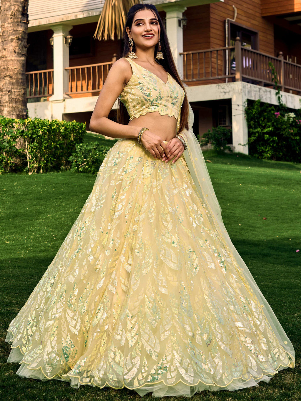 Jyoti Fashion Women's Yellow Soft Net Multi Sequins Thread Embroidered Lehenga Choli & Dupatta