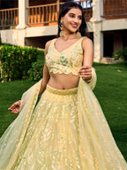 Jyoti Fashion Women's Yellow Soft Net Multi Sequins Thread Embroidered Lehenga Choli & Dupatta