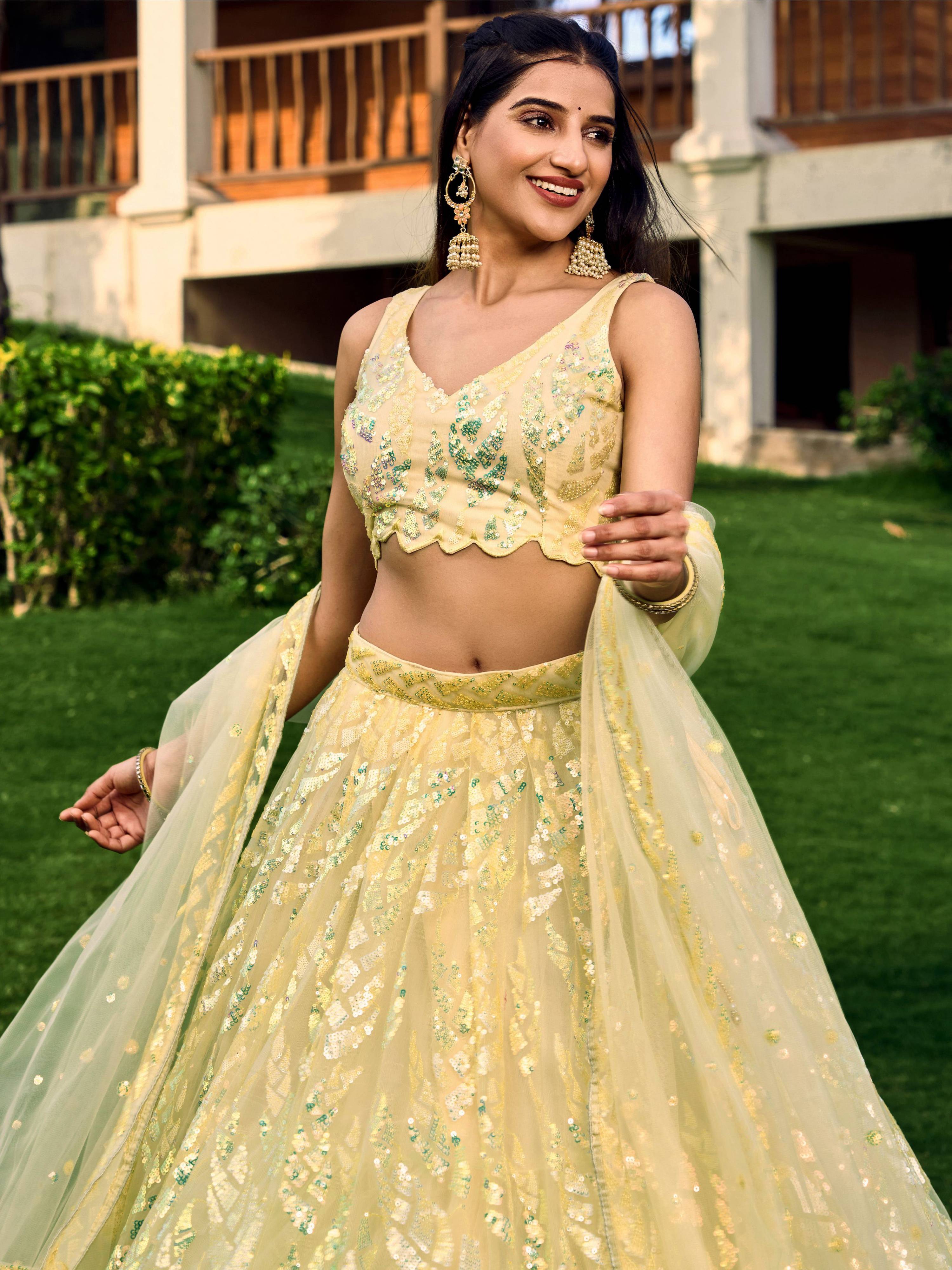 Jyoti Fashion Women's Yellow Soft Net Multi Sequins Thread Embroidered Lehenga Choli & Dupatta