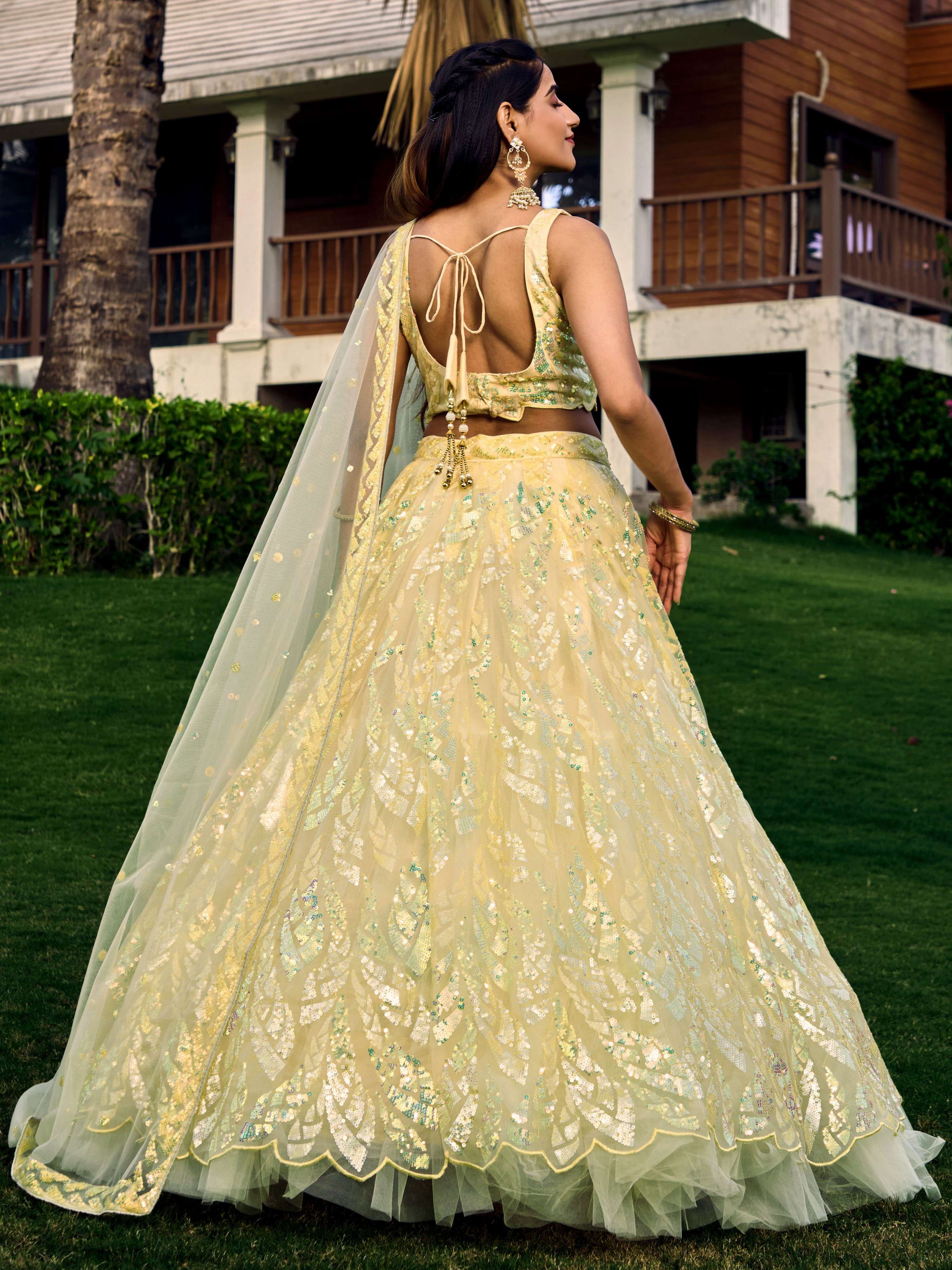 Jyoti Fashion Women's Yellow Soft Net Multi Sequins Thread Embroidered Lehenga Choli & Dupatta