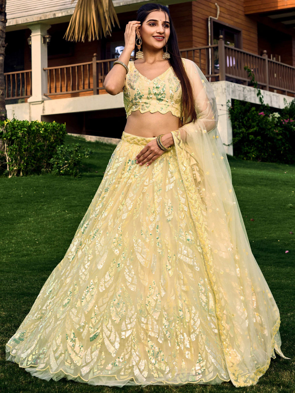 Jyoti Fashion Women's Yellow Soft Net Multi Sequins Thread Embroidered Lehenga Choli & Dupatta