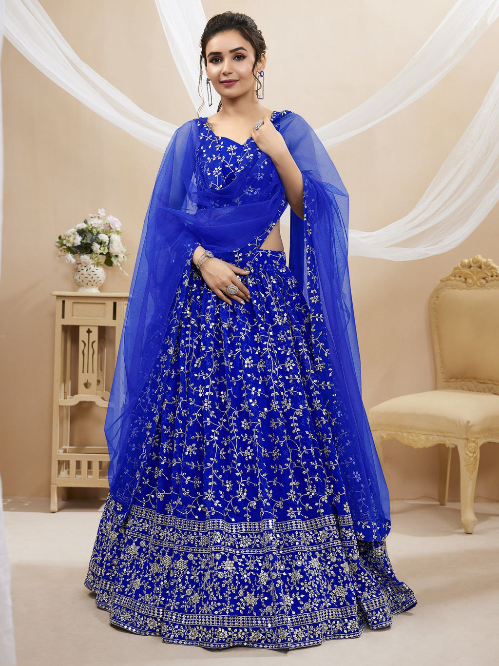 Jyoti Fashion Women's Blue Georgette Sequins Zari Embroidered Lehenga Choli & Dupatta