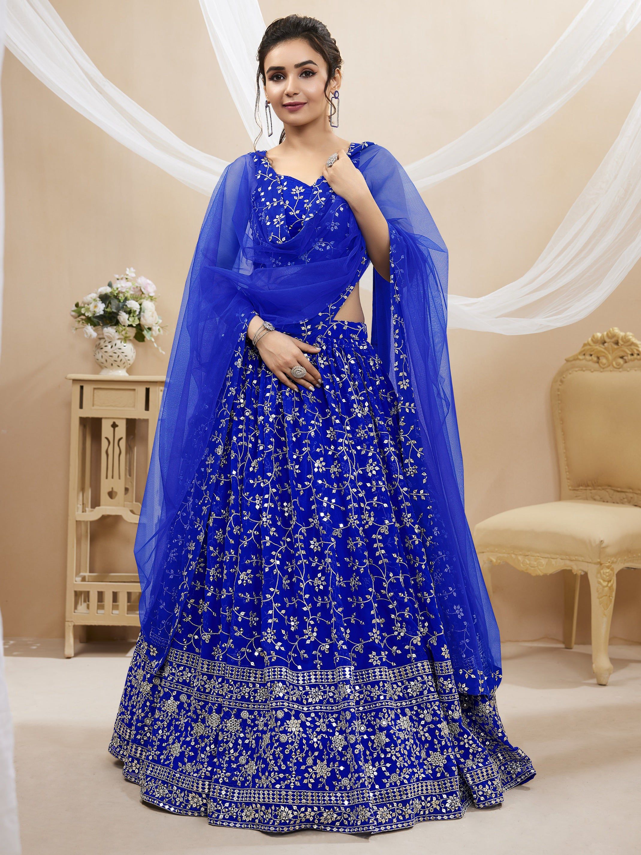 Jyoti Fashion Women's Blue Georgette Sequins Zari Embroidered Lehenga Choli & Dupatta