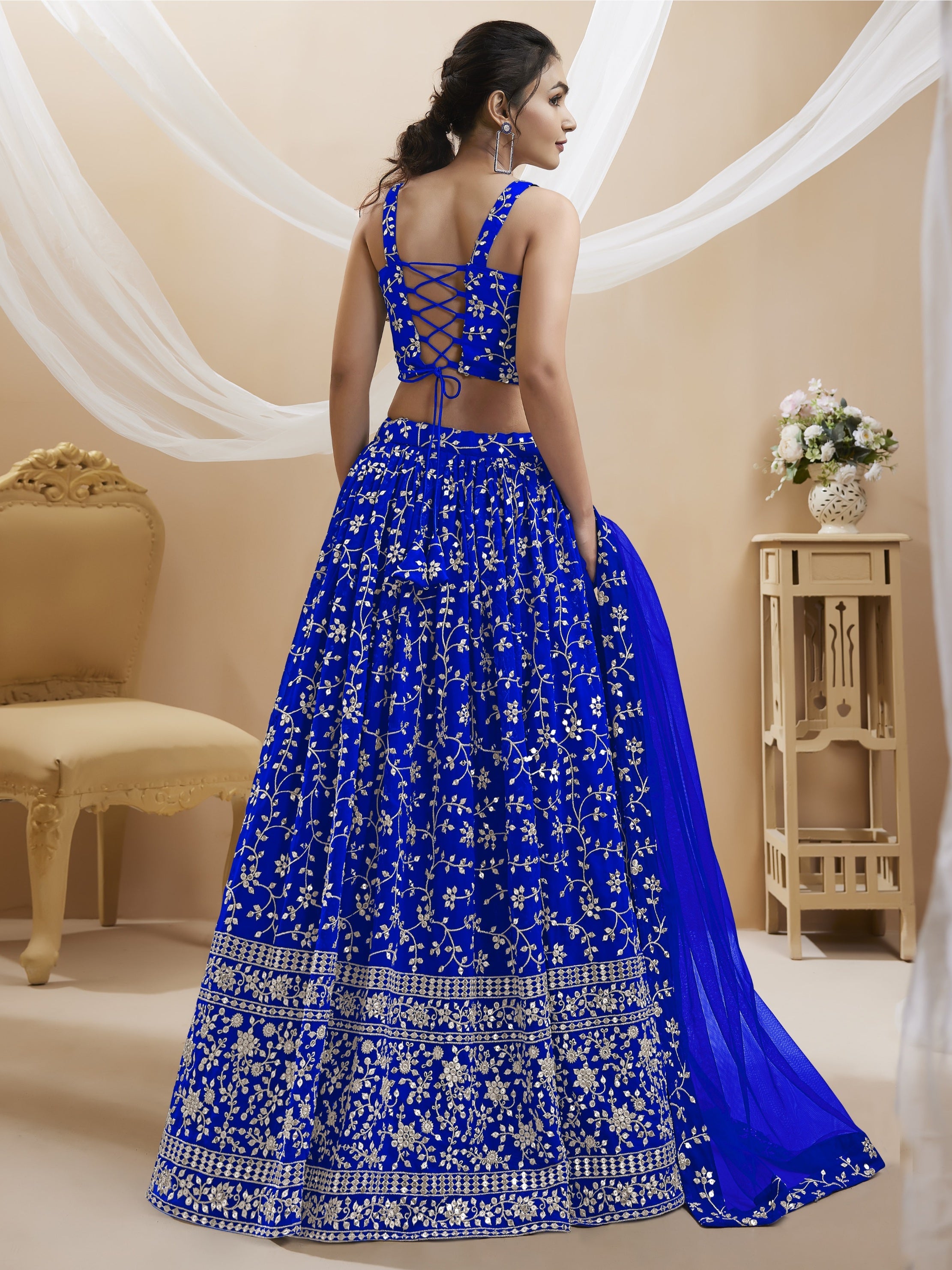Jyoti Fashion Women's Blue Georgette Sequins Zari Embroidered Lehenga Choli & Dupatta