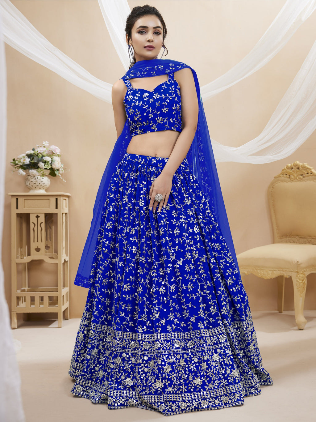 Jyoti Fashion Women's Blue Georgette Sequins Zari Embroidered Lehenga Choli & Dupatta