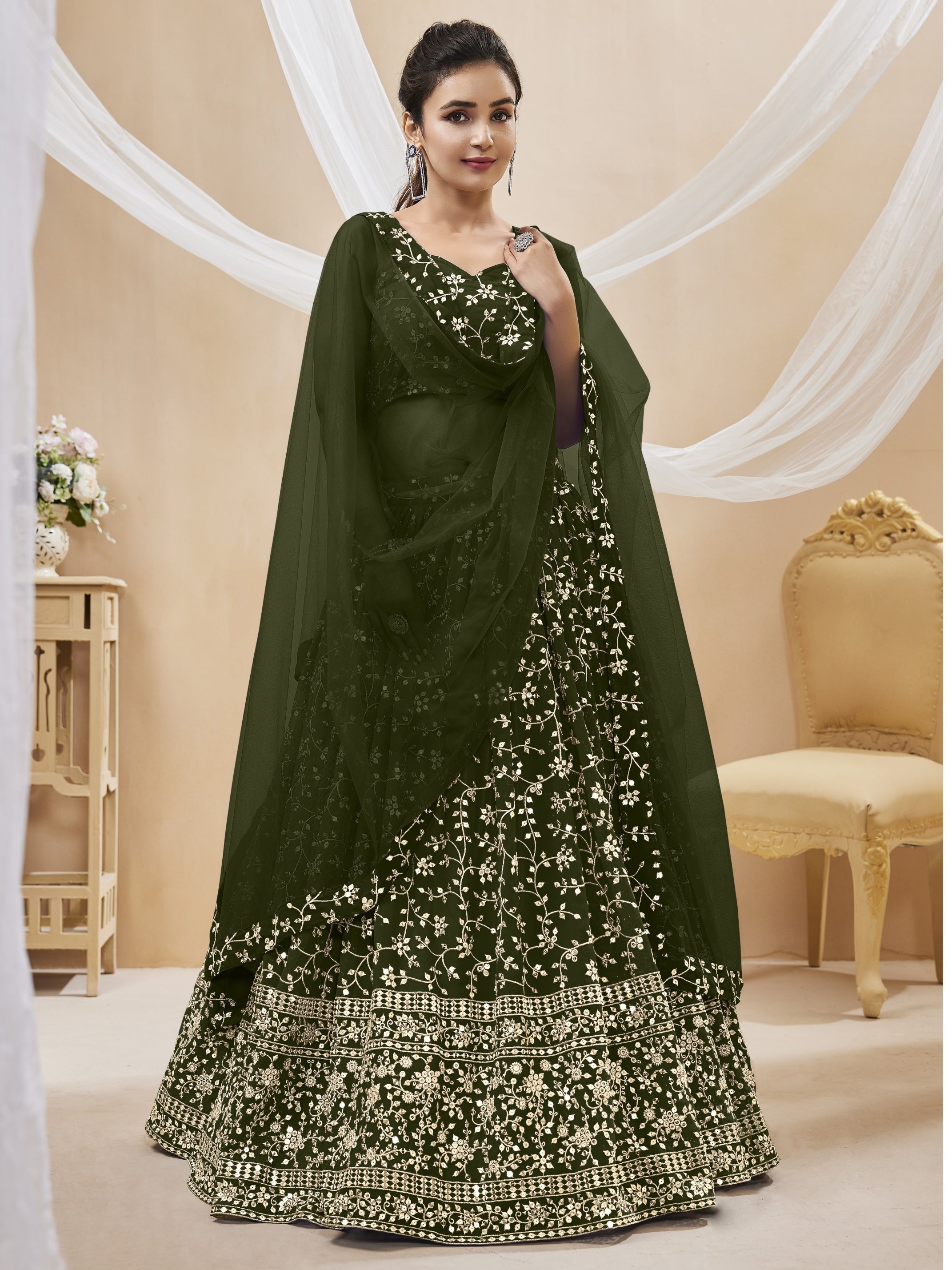 Jyoti Fashion Women's Green Georgette Sequins Zari Embroidered Lehenga Choli & Dupatta