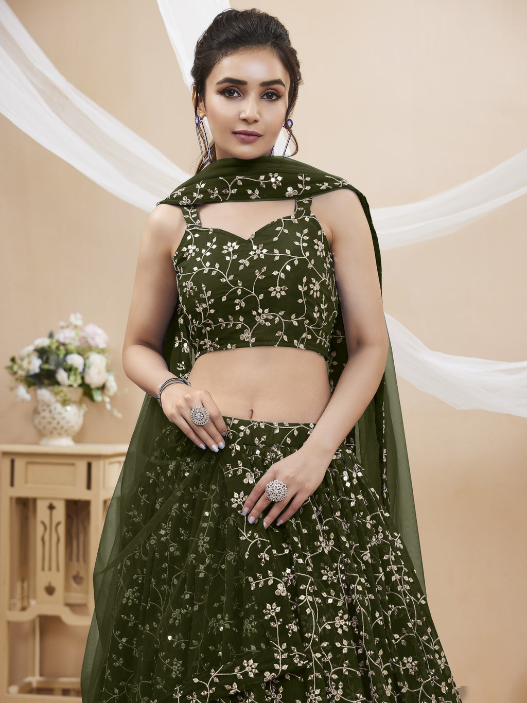 Jyoti Fashion Women's Green Georgette Sequins Zari Embroidered Lehenga Choli & Dupatta