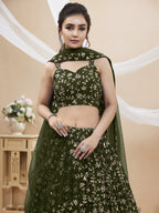 Jyoti Fashion Women's Green Georgette Sequins Zari Embroidered Lehenga Choli & Dupatta