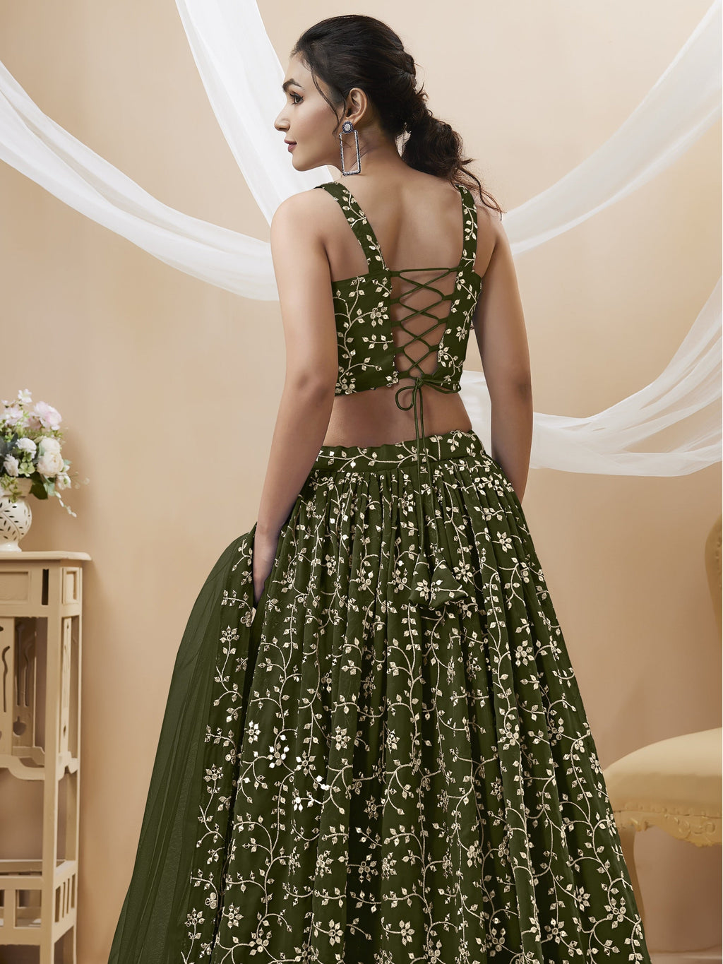 Jyoti Fashion Women's Green Georgette Sequins Zari Embroidered Lehenga Choli & Dupatta