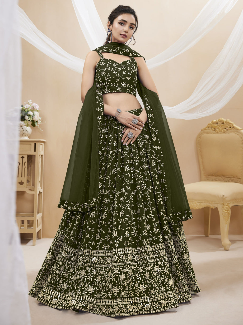Jyoti Fashion Women's Green Georgette Sequins Zari Embroidered Lehenga Choli & Dupatta