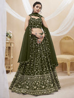 Jyoti Fashion Women's Green Georgette Sequins Zari Embroidered Lehenga Choli & Dupatta