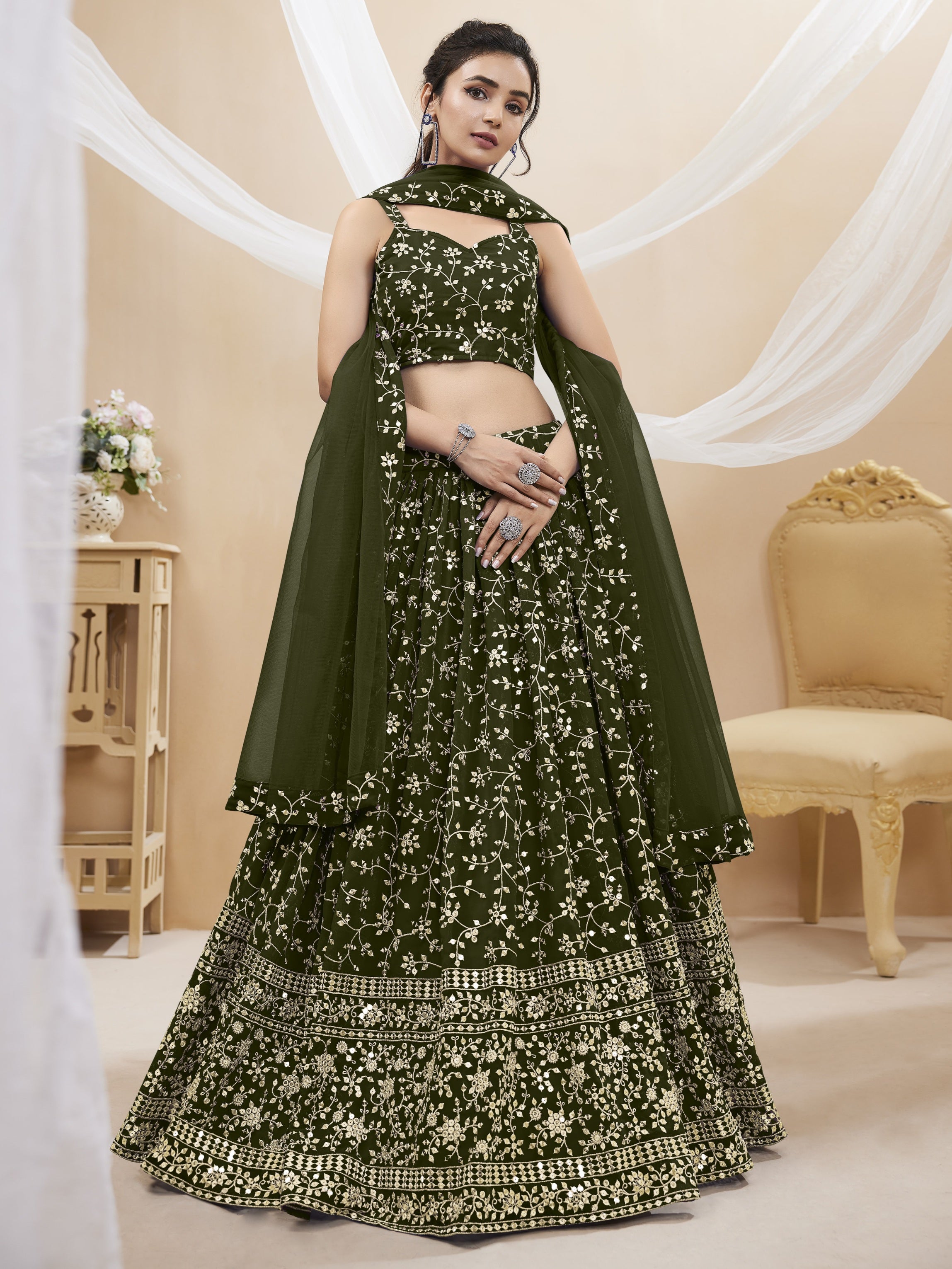 Jyoti Fashion Women's Green Georgette Sequins Zari Embroidered Lehenga Choli & Dupatta