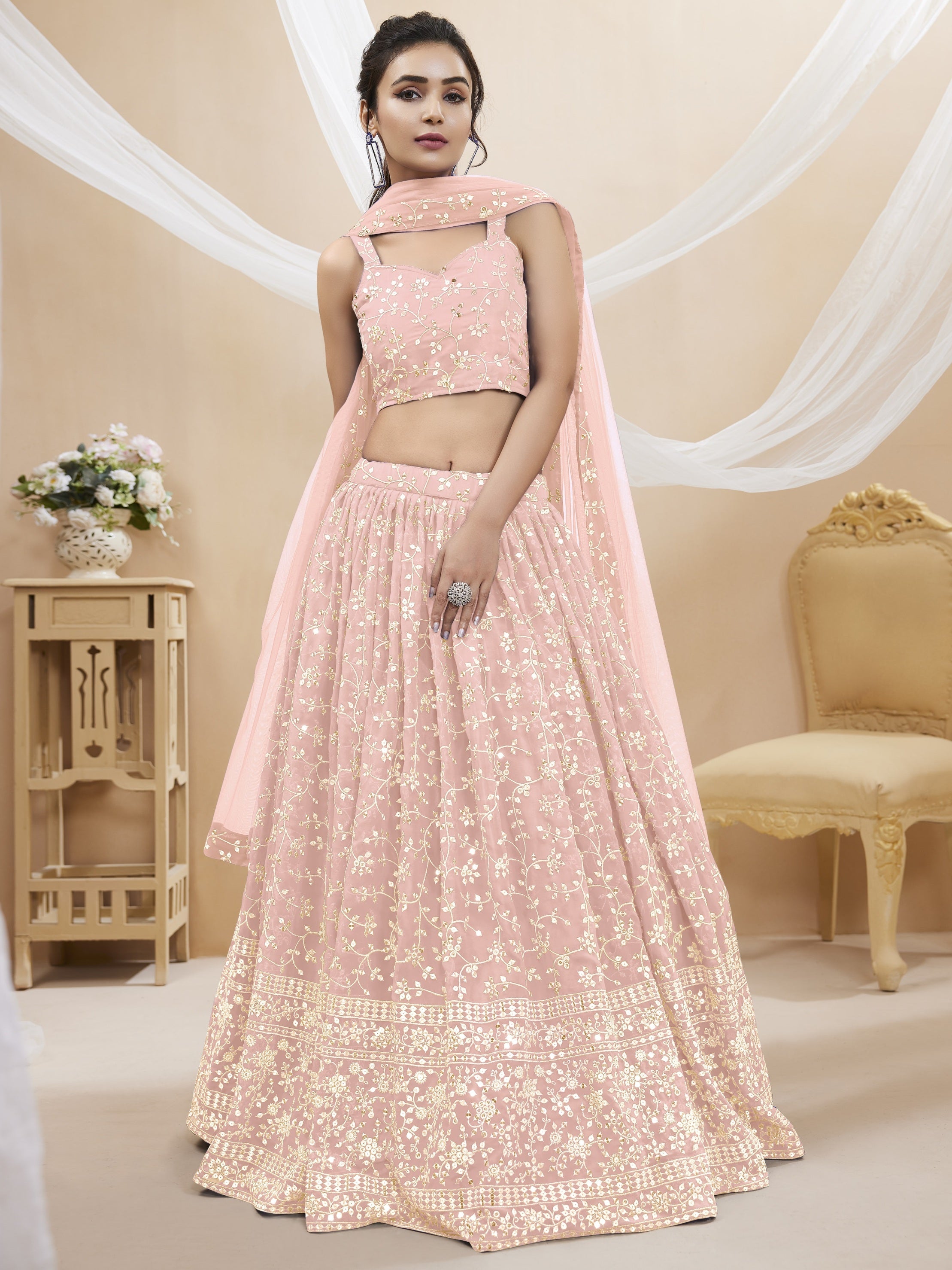Jyoti Fashion Women's Baby Pink Georgette Sequins Zari Embroidered Lehenga Choli & Dupatta