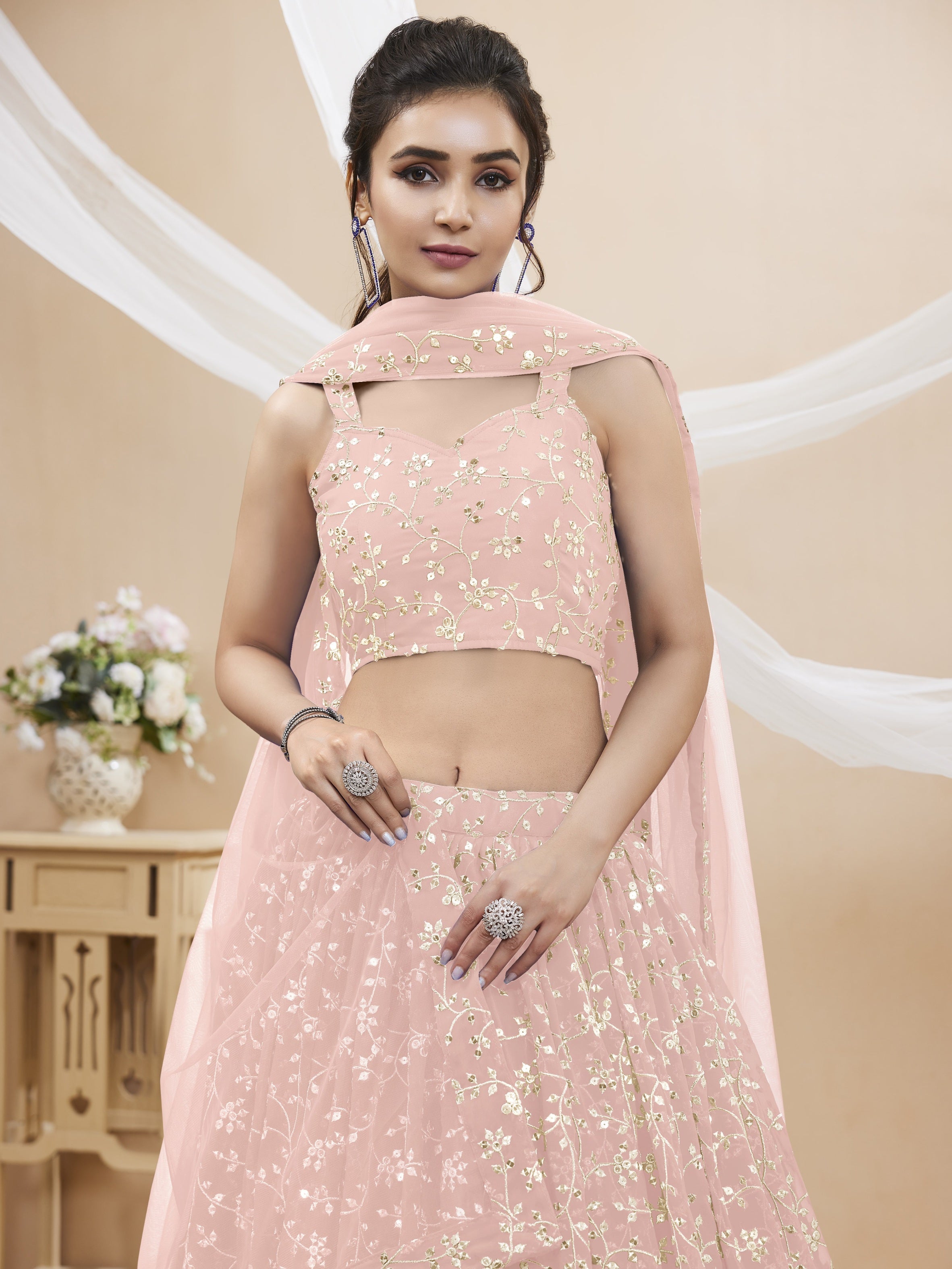Jyoti Fashion Women's Baby Pink Georgette Sequins Zari Embroidered Lehenga Choli & Dupatta