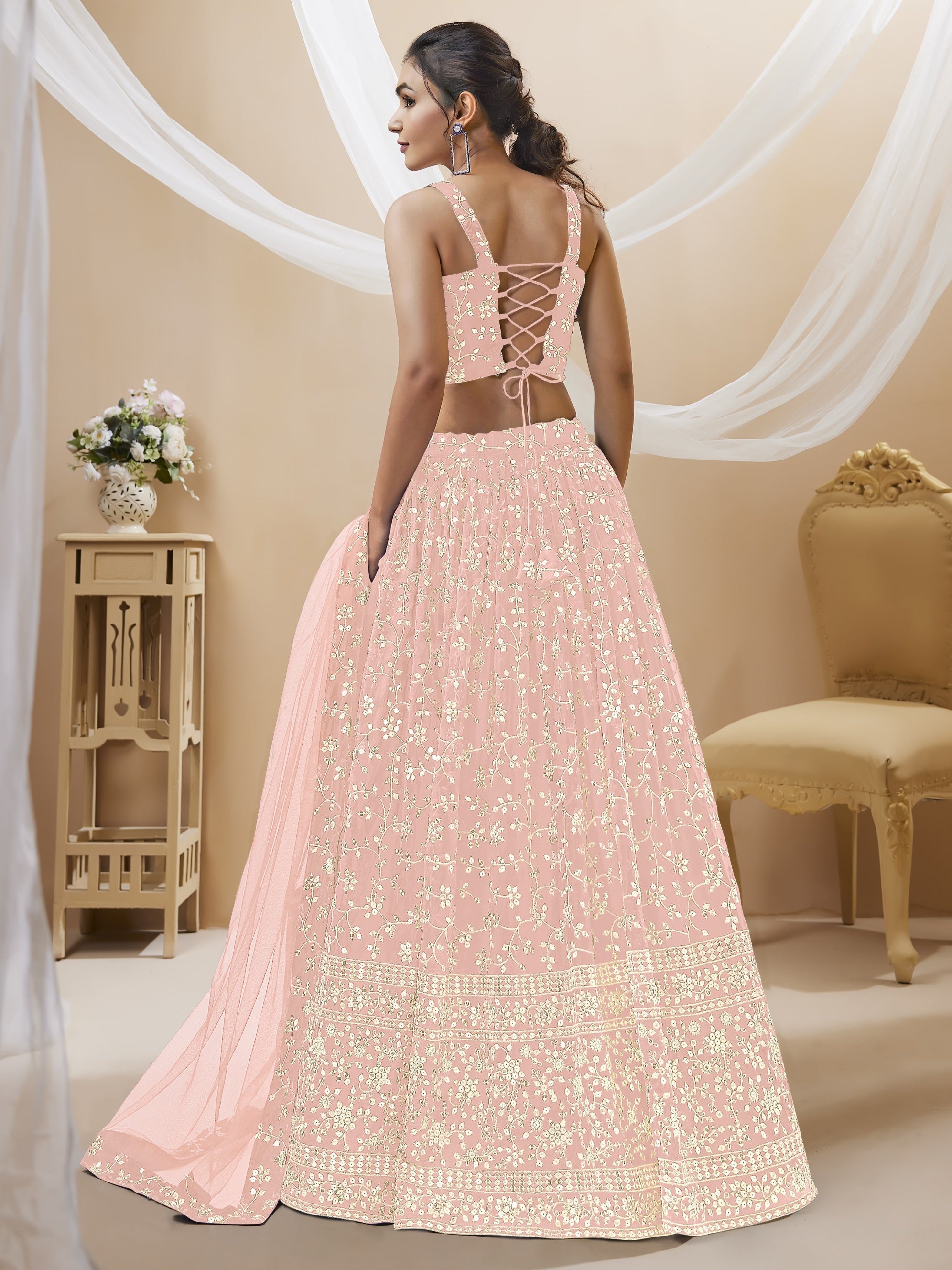 Jyoti Fashion Women's Baby Pink Georgette Sequins Zari Embroidered Lehenga Choli & Dupatta