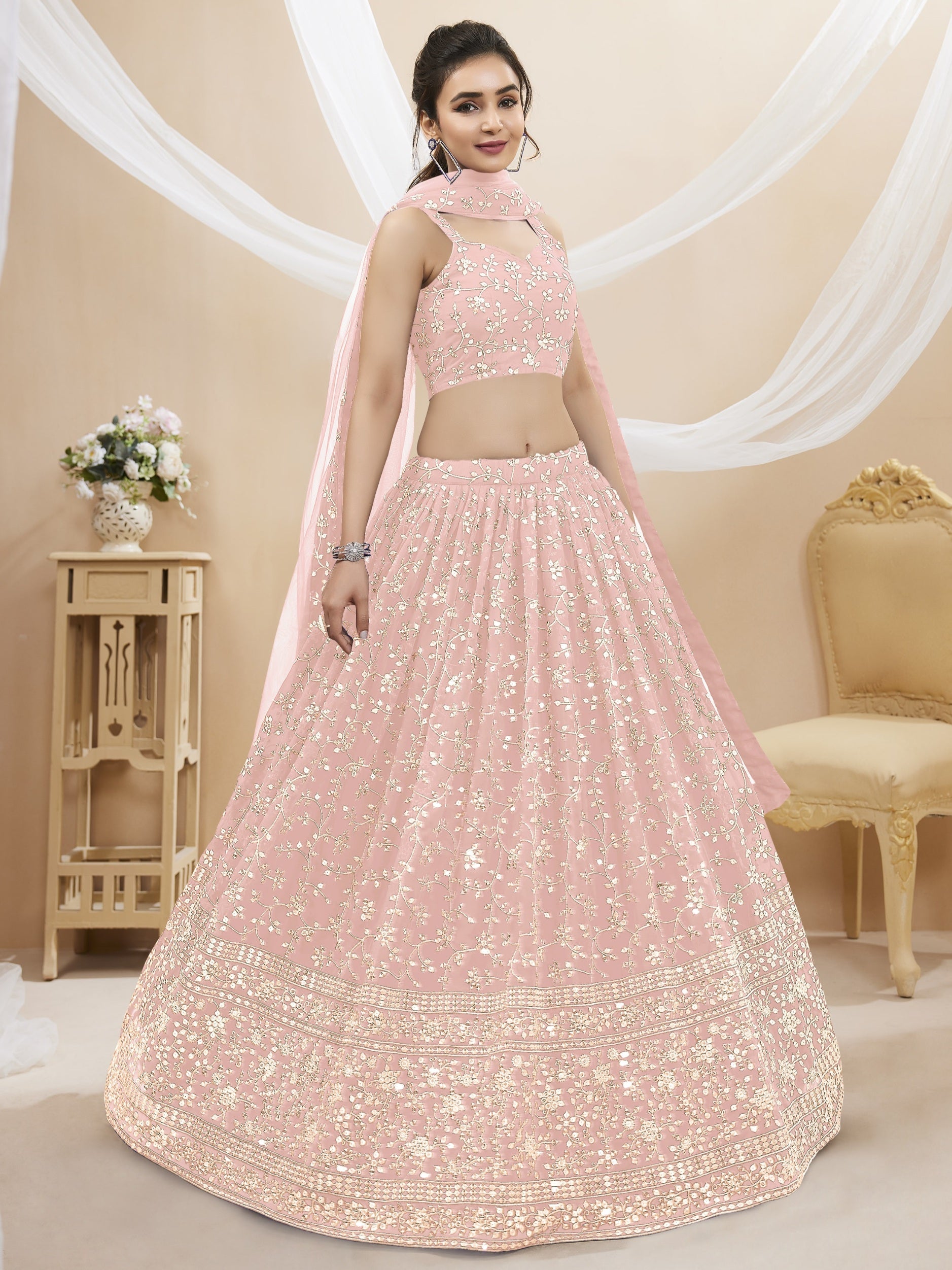 Jyoti Fashion Women's Baby Pink Georgette Sequins Zari Embroidered Lehenga Choli & Dupatta