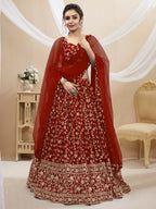 Jyoti Fashion Women's Maroon Georgette Sequins Zari Embroidered Lehenga Choli & Dupatta