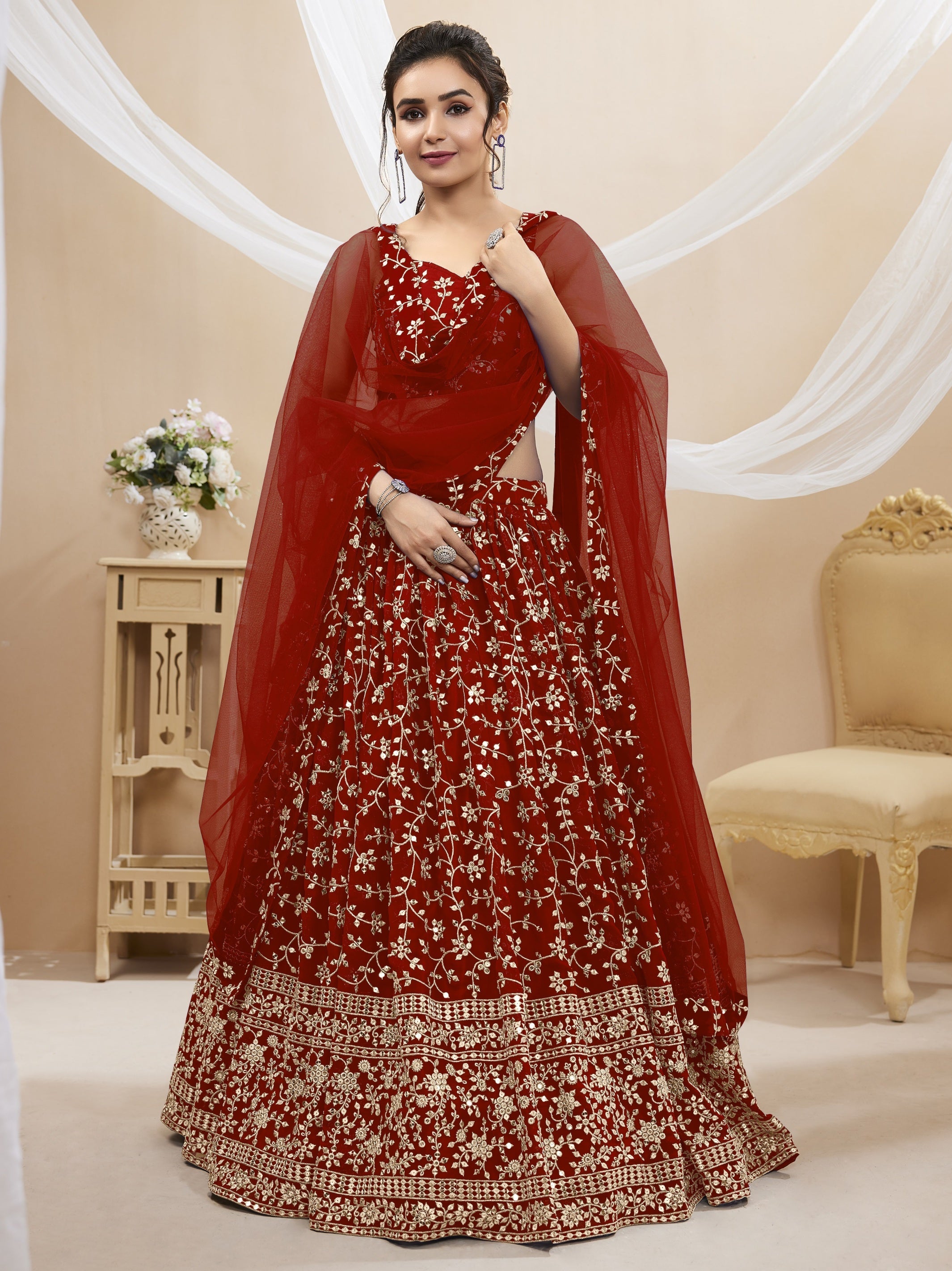 Jyoti Fashion Women's Maroon Georgette Sequins Zari Embroidered Lehenga Choli & Dupatta