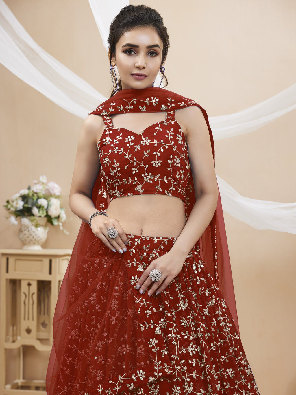 Jyoti Fashion Women's Maroon Georgette Sequins Zari Embroidered Lehenga Choli & Dupatta