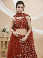 Jyoti Fashion Women's Maroon Georgette Sequins Zari Embroidered Lehenga Choli & Dupatta
