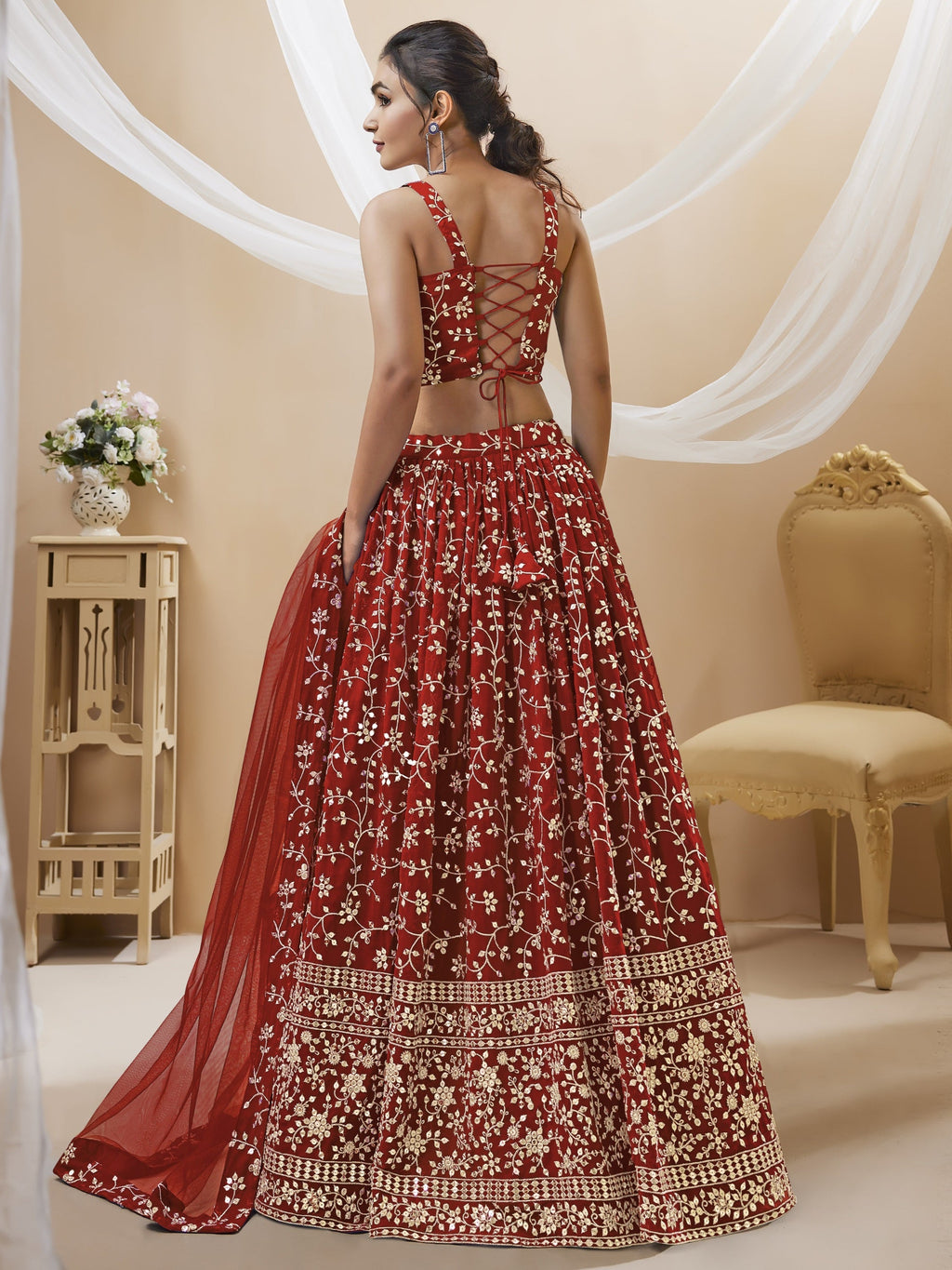 Jyoti Fashion Women's Maroon Georgette Sequins Zari Embroidered Lehenga Choli & Dupatta