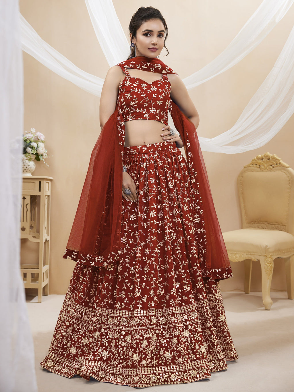 Jyoti Fashion Women's Maroon Georgette Sequins Zari Embroidered Lehenga Choli & Dupatta