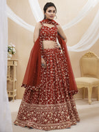 Jyoti Fashion Women's Maroon Georgette Sequins Zari Embroidered Lehenga Choli & Dupatta