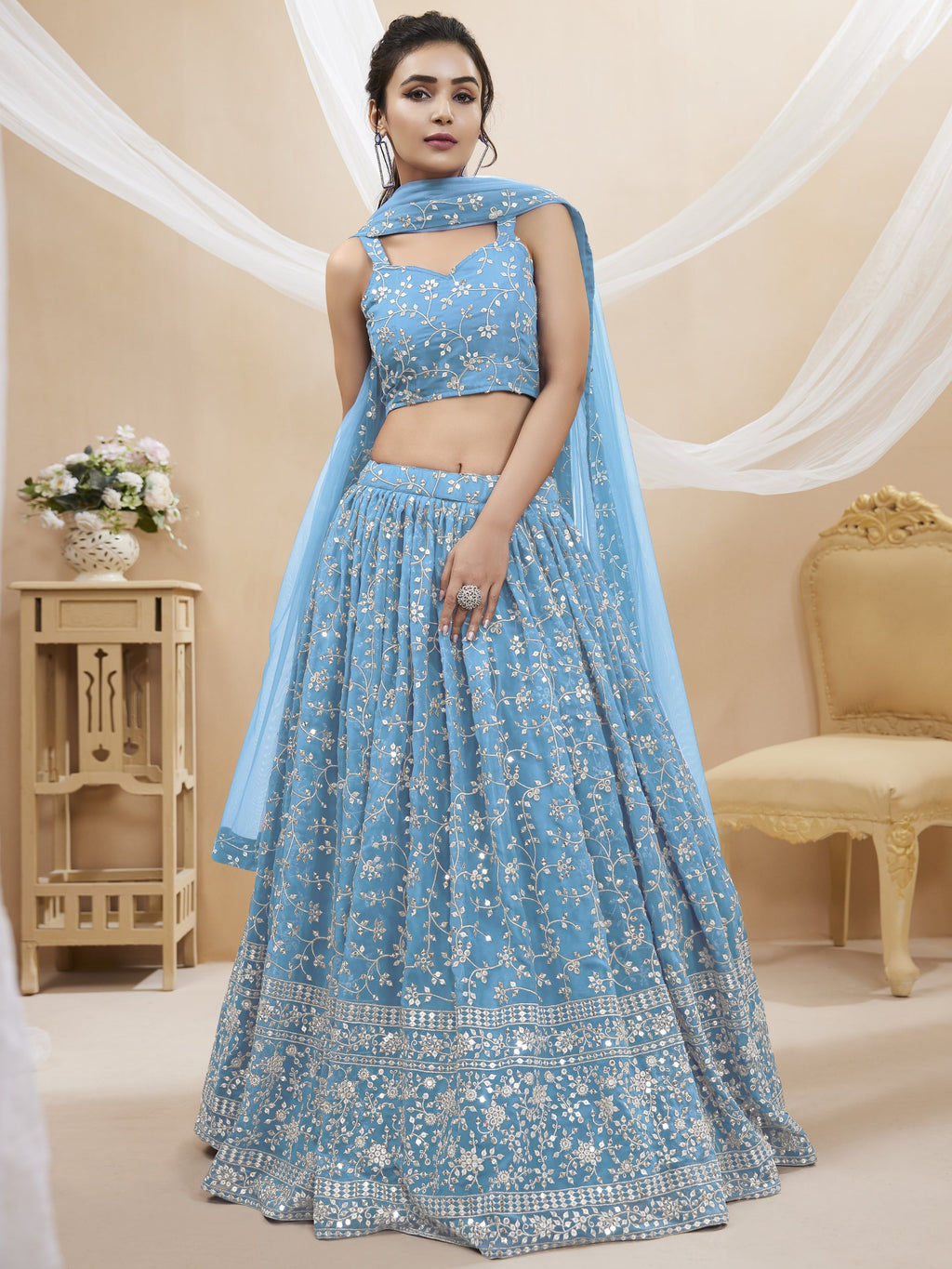Jyoti Fashion Women's Sky Blue Georgette Sequins Zari Embroidered Lehenga Choli & Dupatta