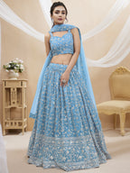 Jyoti Fashion Women's Sky Blue Georgette Sequins Zari Embroidered Lehenga Choli & Dupatta