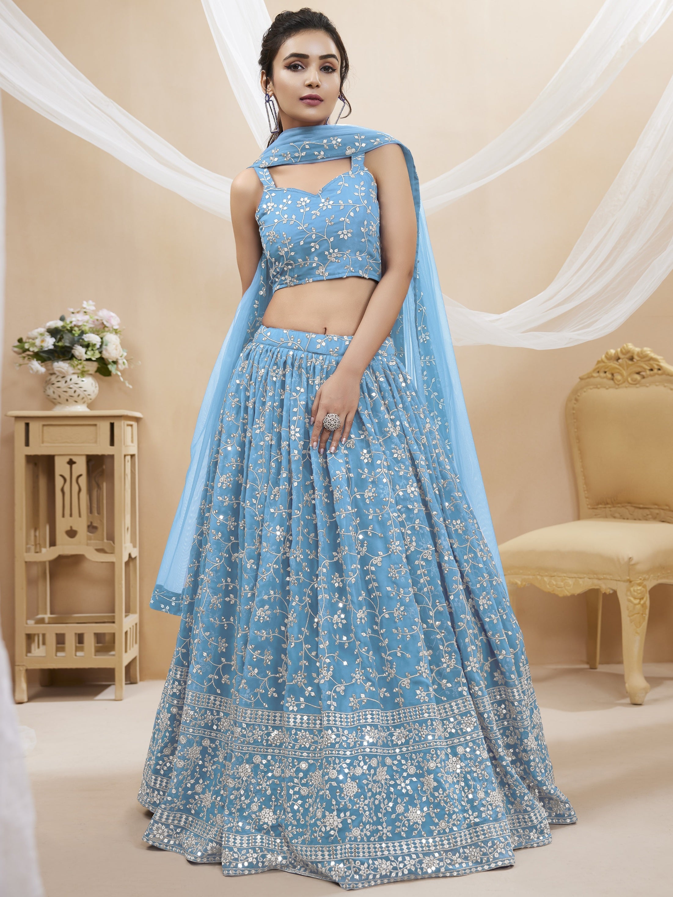 Jyoti Fashion Women's Sky Blue Georgette Sequins Zari Embroidered Lehenga Choli & Dupatta