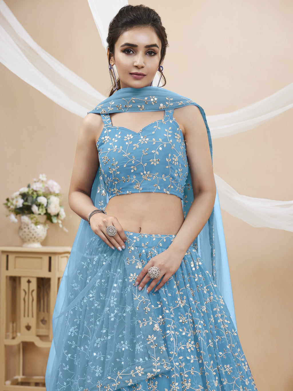 Jyoti Fashion Women's Sky Blue Georgette Sequins Zari Embroidered Lehenga Choli & Dupatta