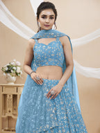 Jyoti Fashion Women's Sky Blue Georgette Sequins Zari Embroidered Lehenga Choli & Dupatta