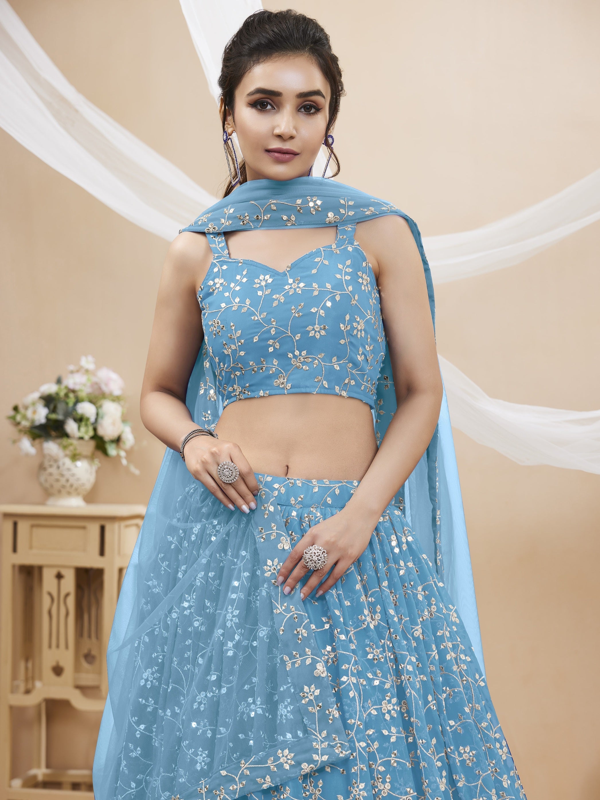 Jyoti Fashion Women's Sky Blue Georgette Sequins Zari Embroidered Lehenga Choli & Dupatta