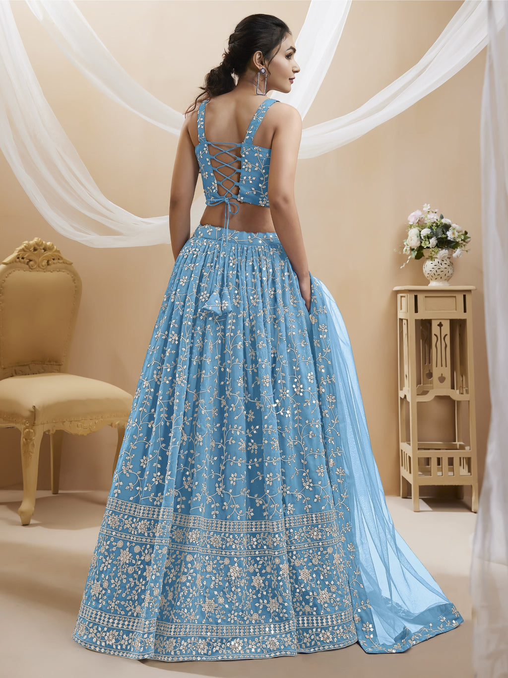 Jyoti Fashion Women's Sky Blue Georgette Sequins Zari Embroidered Lehenga Choli & Dupatta