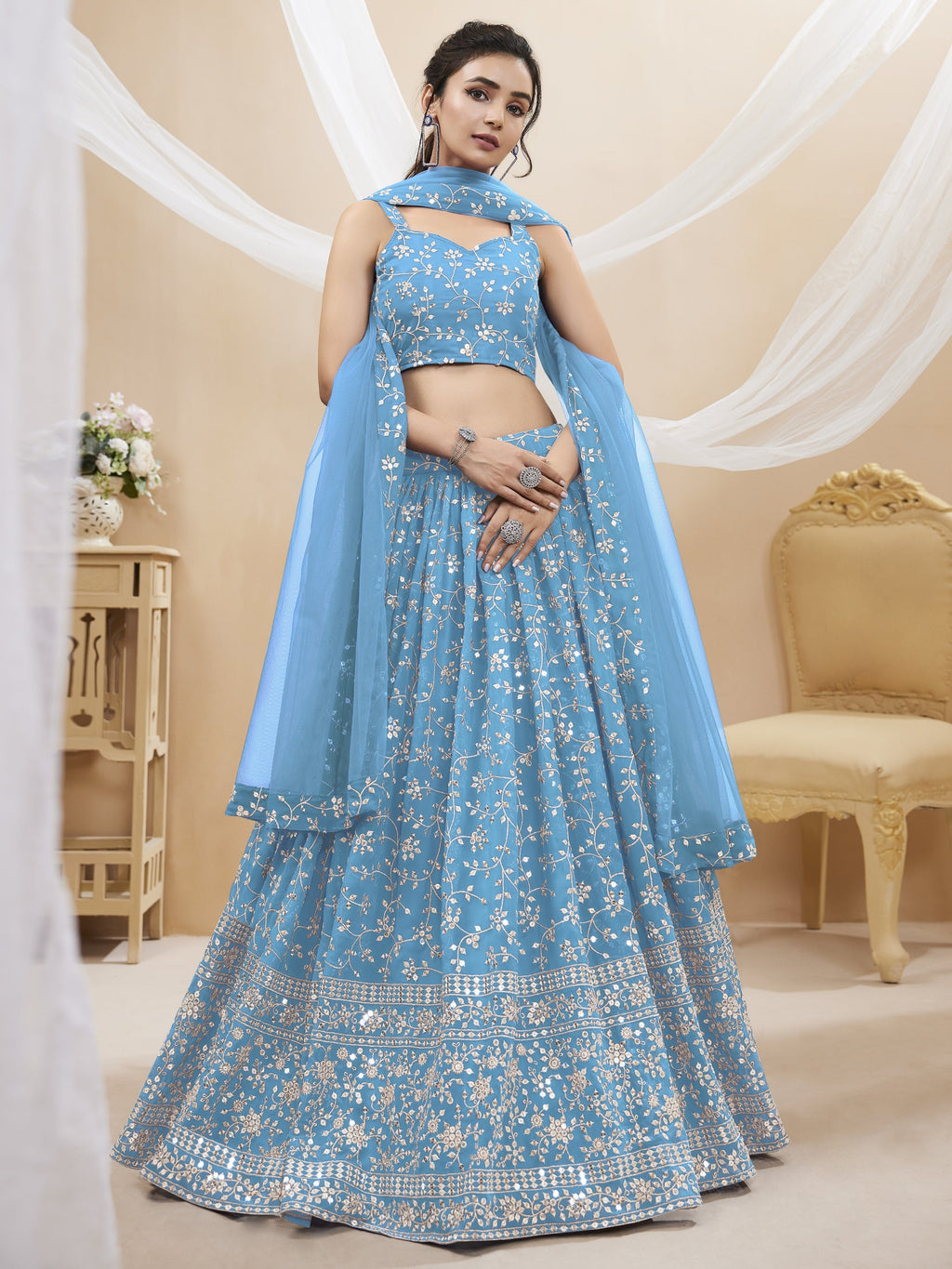 Jyoti Fashion Women's Sky Blue Georgette Sequins Zari Embroidered Lehenga Choli & Dupatta